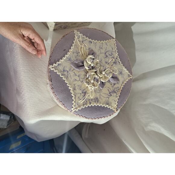 VTG Quilted Gift Box Set Sewing Trinket Box Quilted Floral Cream and Purple - Picture 9 of 12